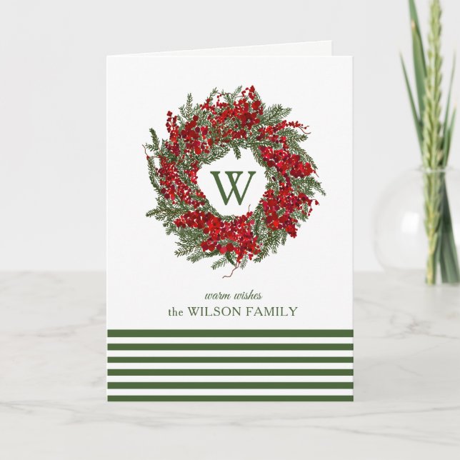 Modern Monogram Christmas Wreath Greeting Card (Front)