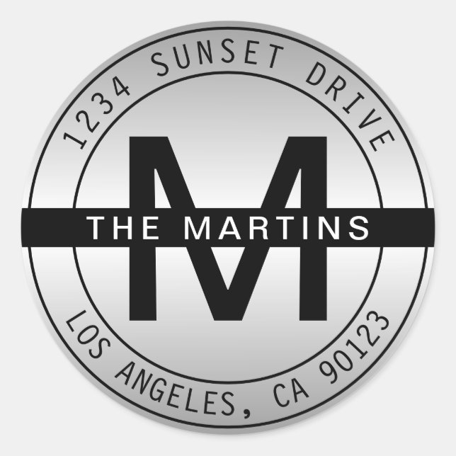 Modern Monogram & Circular Address | Gradient Grey Classic Round Sticker (Front)