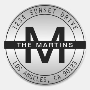 Modern Monogram & Circular Address   Gradient Grey Classic Round Sticker