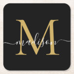 Modern Monogram Classic Black Gold Script Name Square Paper Coaster<br><div class="desc">Elegant Modern Personalised Black Gold  Monogram Script Name Initial Paper Coaster</div>
