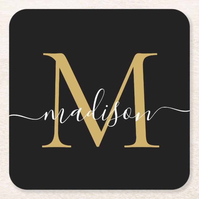 Modern Monogram Classic Black Gold Script Name Square Paper Coaster (Front)