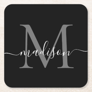 Modern Monogram Classic Black Grey Script Name Square Paper Coaster