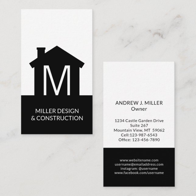 Modern Monogram Contractor Architect Vertical Business Card (Front/Back)