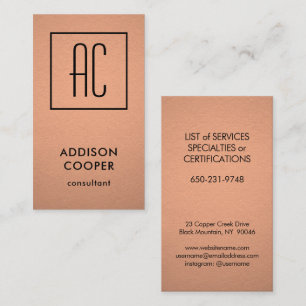 Modern Monogram Copper Faux Foil & Black Vertical Business Card
