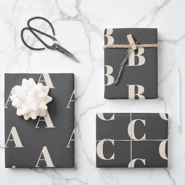Modern monogram cream dark grey initial pattern wrapping paper sheet (Front)