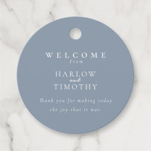 Modern Monogram Crest Dusty Blue Wedding Welcome Favour Tags