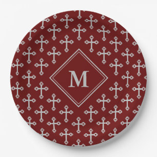 Modern Monogram Cross Burgundy Silver Paper Plate
