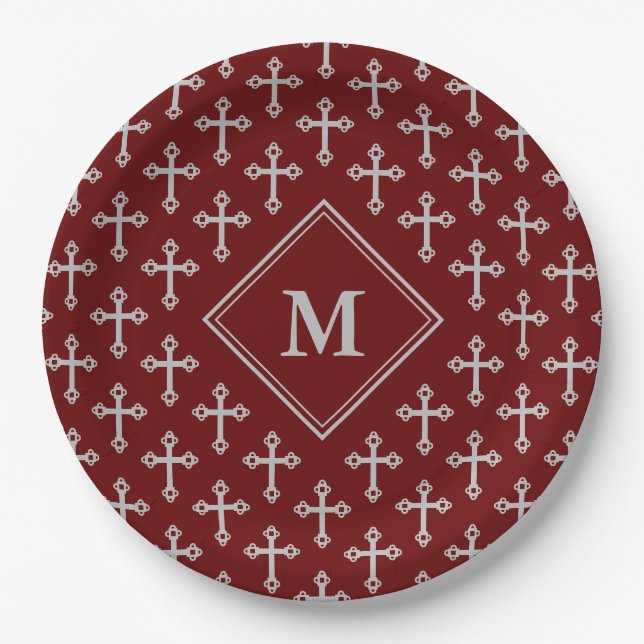 Modern Monogram Cross Burgundy Silver Paper Plate (Front)