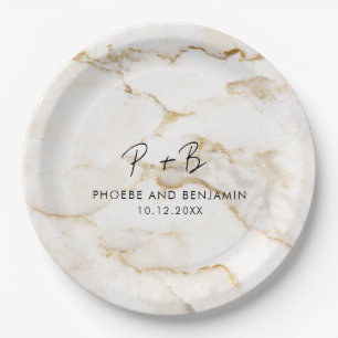 Modern Monogram Custom Gold Marble Wedding Paper Plate