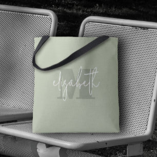 Modern Monogram Custom Name Sage Green Tote Bag