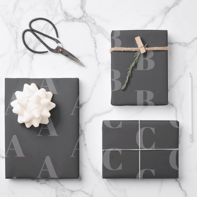 Modern monogram dark grey custom initial pattern wrapping paper sheet (Front)