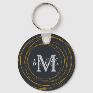 Modern Monogram Dark Grey Gold Rings Key Ring