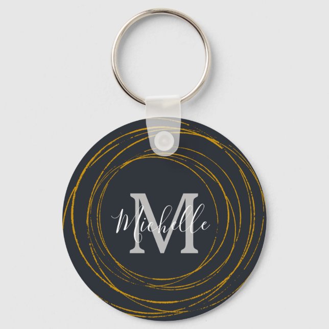 Modern Monogram Dark Grey Gold Rings Key Ring (Front)
