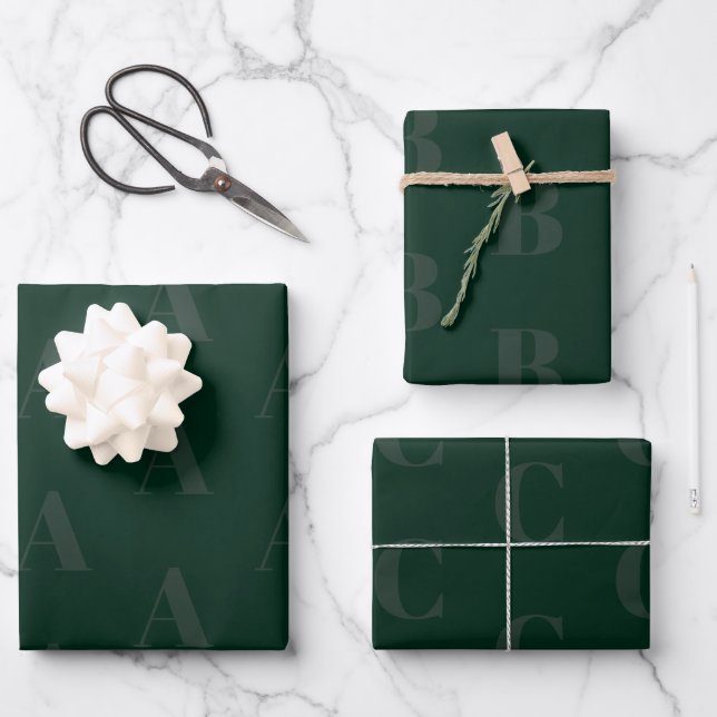 Modern monogram dark pine green initial pattern wrapping paper sheet (Front)