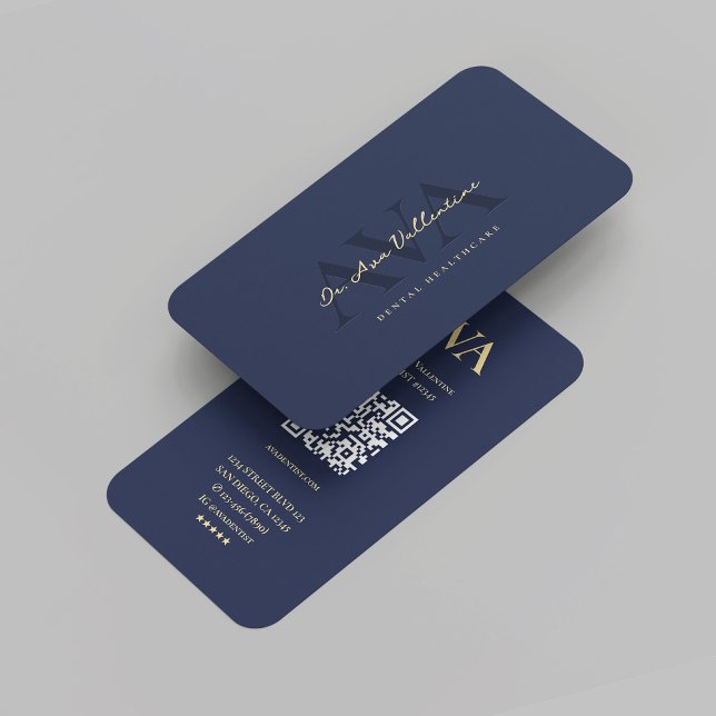 Modern Monogram Dentist Dental Orthodontist Blue Business Card (Modern Monogram Dentist Dental Orthodontist Blue Gold Professional Marketing QR Code Business Card
)