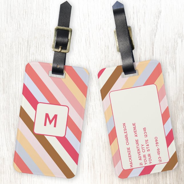 Modern Monogram Diagonal Candy Stripe Personalised Luggage Tag (Modern personalize monogram initial diagonal candy stripe luggage tag)