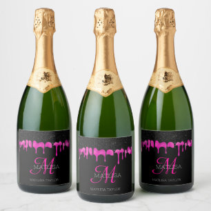 Modern Monogram Dripping Glitter Black Hot Pink Sparkling Wine Label