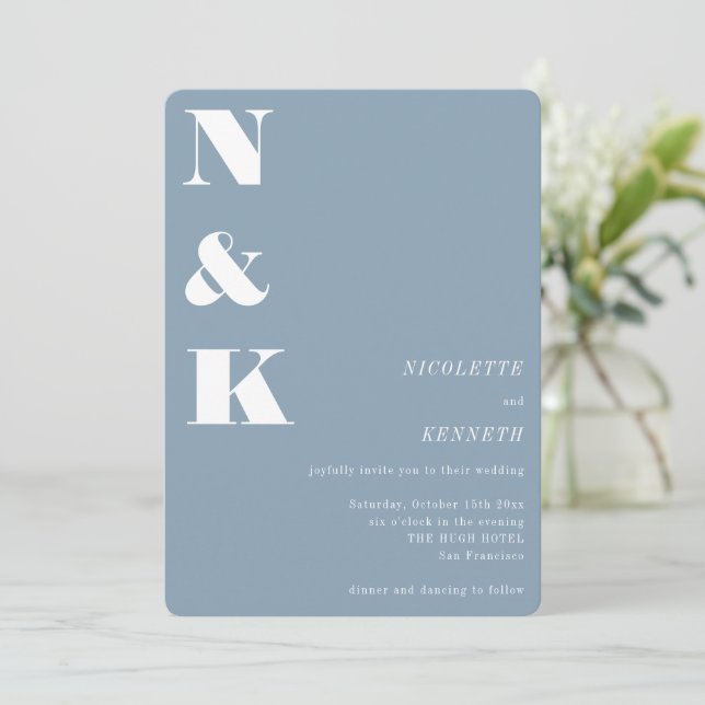 Modern Monogram Dusty Blue Bold Elegant Wedding Invitation (Standing Front)