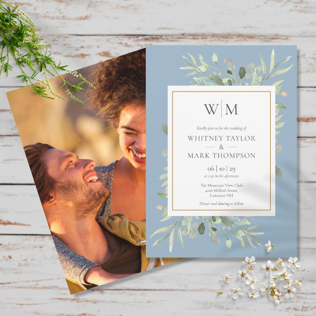 Modern Monogram Dusty Blue Greenery Photo Wedding Invitation (Creator Uploaded)