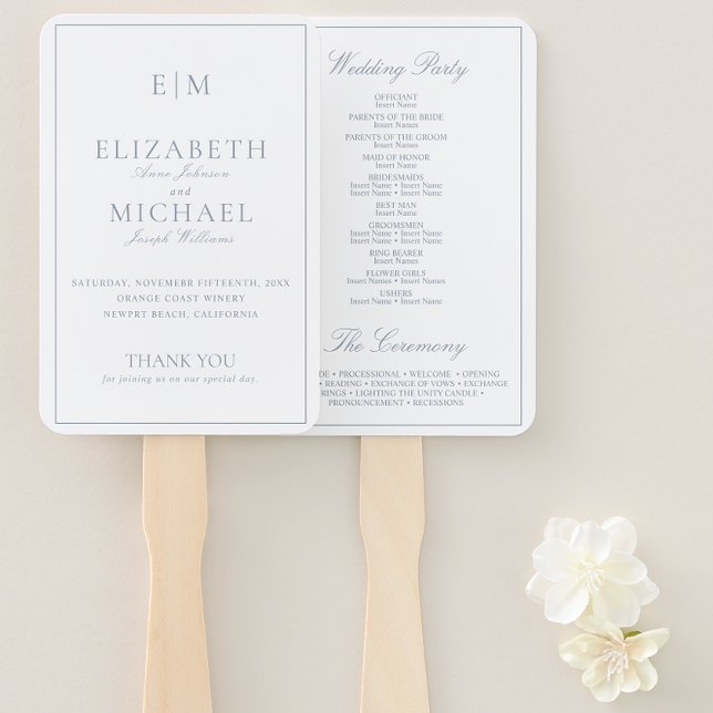 Modern Monogram Dusty Blue Script Wedding Program Hand Fan (Wedding Program Hand Fan)