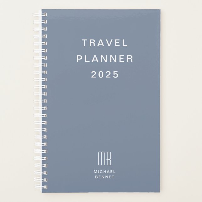 Modern Monogram Dusty Blue Travel Planner (Front)