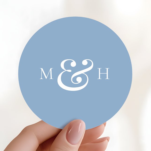 Modern Monogram Dusty Blue Wedding Favor Classic Round Sticker (Creator Uploaded)
