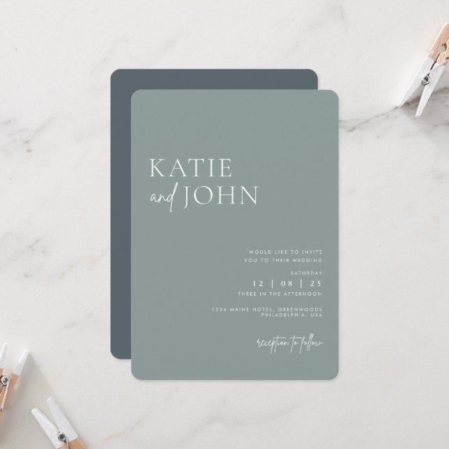 Modern Monogram Dusty Blue Wedding Invitation (Front/Back In Situ)