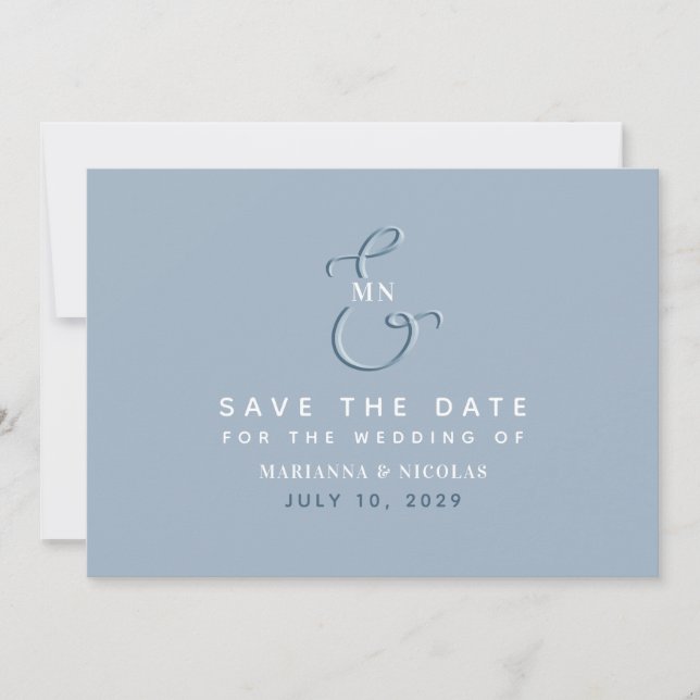 Modern Monogram Dusty Blue Wedding Save The Date (Front)