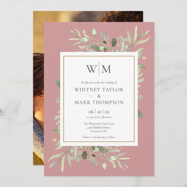 Modern Monogram Dusty Rose Greenery Photo Wedding Invitation (Front/Back)
