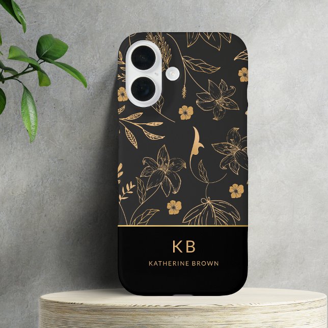 Modern Monogram Elegant Black Gold Floral Pattern  Case-Mate iPhone Case (Creator Uploaded)