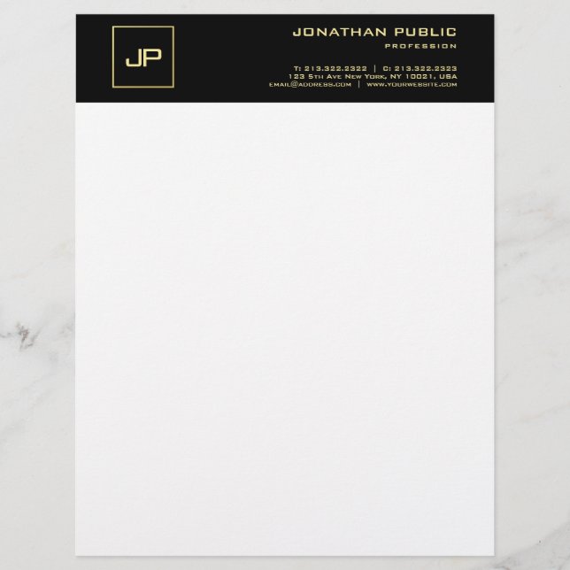 Modern Monogram Elegant Black White Gold Template Custom Letterhead (Front)
