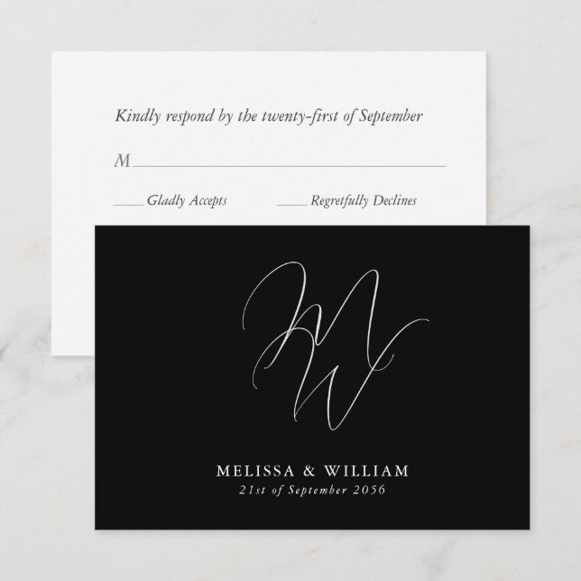 Modern Monogram Elegant Black & White Wedding RSVP Card (Front/Back)