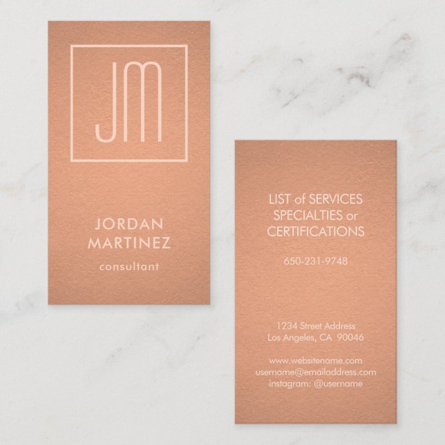 Modern Monogram Elegant Copper Faux Foil Vertical Business Card (Front/Back)