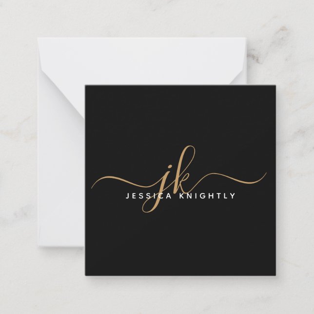Modern Monogram Elegant Script Initials Gold Black Card (Front)