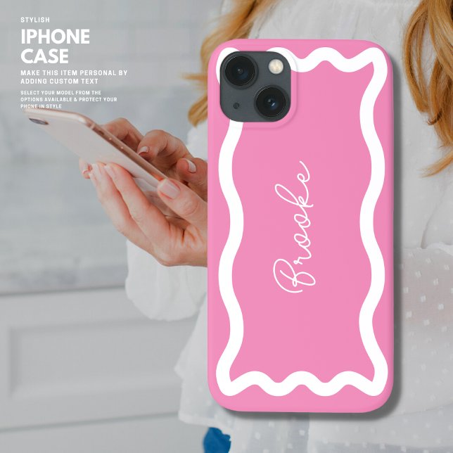 Modern Monogram Elegant Script Pink Wave Edge Case-Mate iPhone Case (Creator Uploaded)