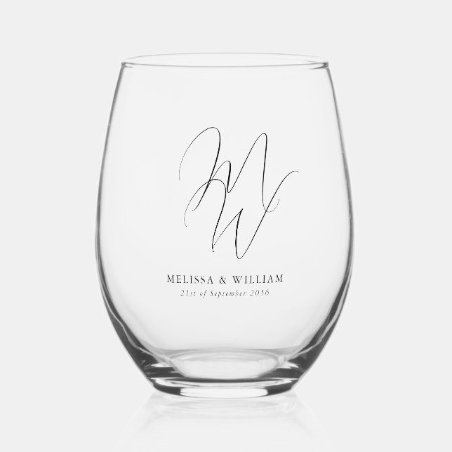 Modern Monogram Elegant Script Wedding Stemless Wine Glass (Front)