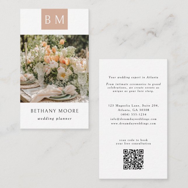 Modern Monogram Elegant Wedding Planner Photo Business Card (Front/Back)