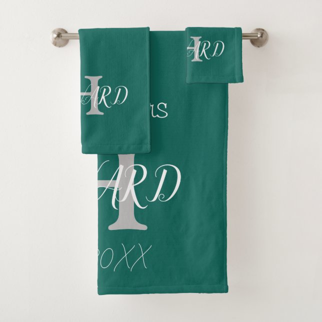 Modern Monogram Emerald Green White Wedding Bath T Towel Set (Insitu)