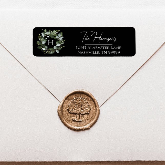 Modern Monogram Eucalyptus Wreath | Black (Black Modern Monogram Eucalyptus Wreath Wedding Address Label)
