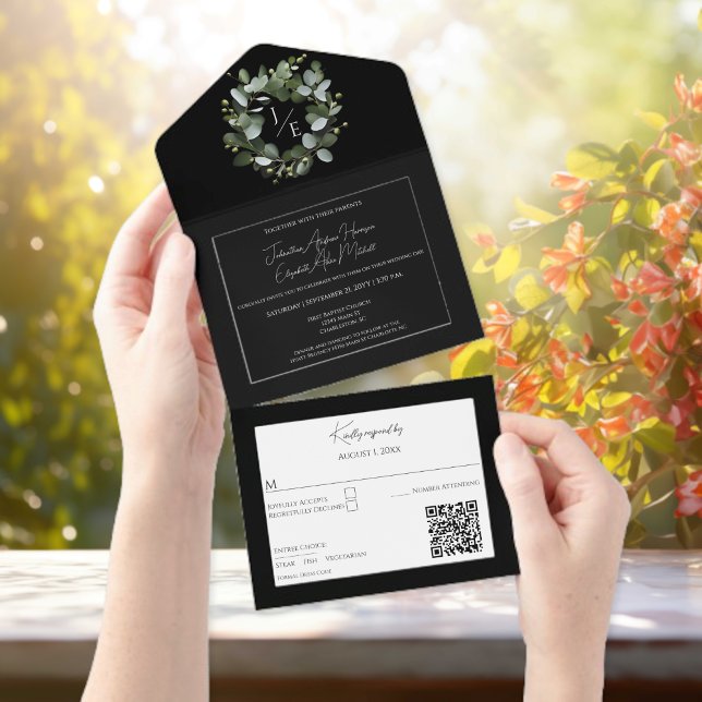 Modern Monogram Eucalyptus Wreath Black All In One Invitation (Black Modern Monogram Eucalyptus Wreath All in One Wedding Invitation)