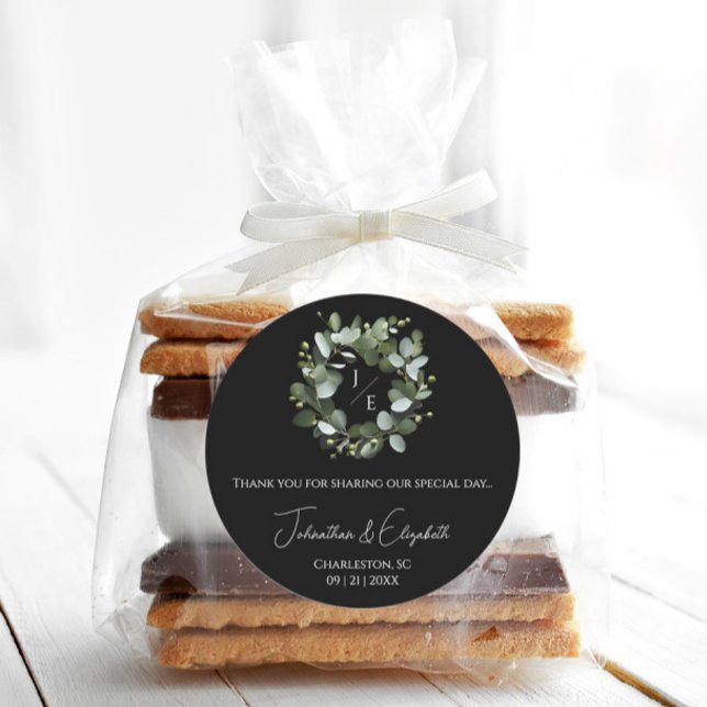 Modern Monogram Eucalyptus Wreath Black Classic Round Sticker (Black Modern Monogram Eucalyptus Wreath Wedding Favor Sticker)