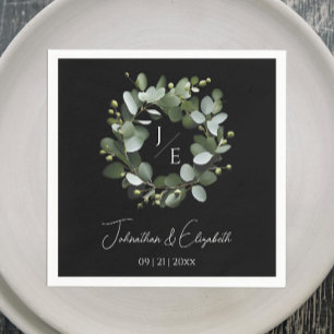 Modern Monogram Eucalyptus Wreath Black Napkin