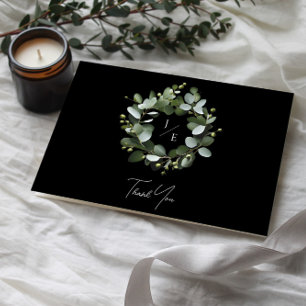 Modern Monogram Eucalyptus Wreath   Black Thank You Card
