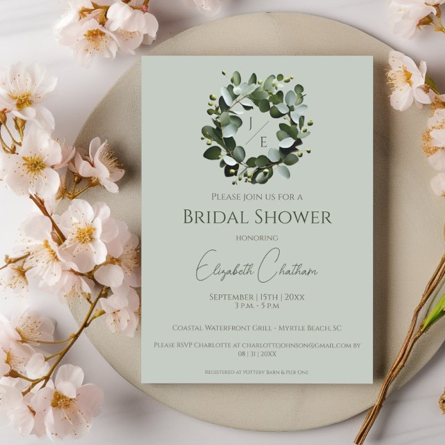 Modern Monogram Eucalyptus Wreath Bridal Shower Invitation (Sage Green Modern Monogram Eucalyptus Wreath Bridal Shower Invitation)