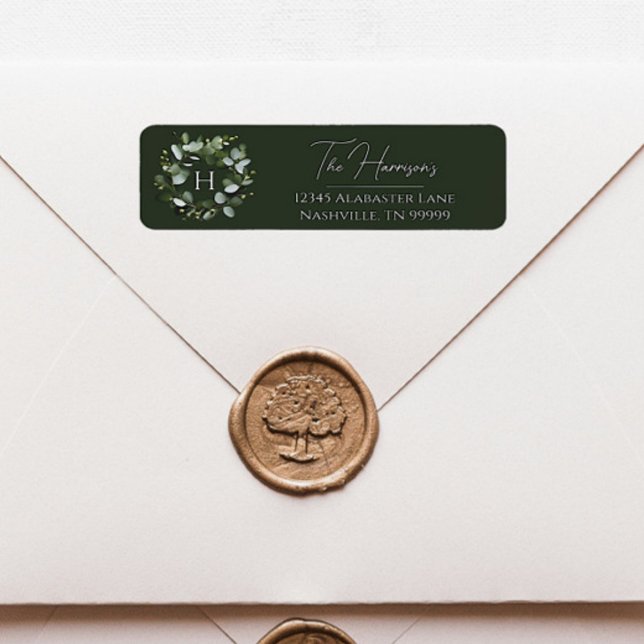 Modern Monogram Eucalyptus Wreath | Dark Green (Dark Green Modern Monogram Eucalyptus Wreath Wedding Address Label)