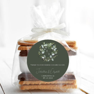 Modern Monogram Eucalyptus Wreath Dark Green Classic Round Sticker