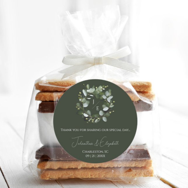 Modern Monogram Eucalyptus Wreath Dark Green Classic Round Sticker (Dark Green Modern Monogram Eucalyptus Wreath Wedding Favor Sticker)