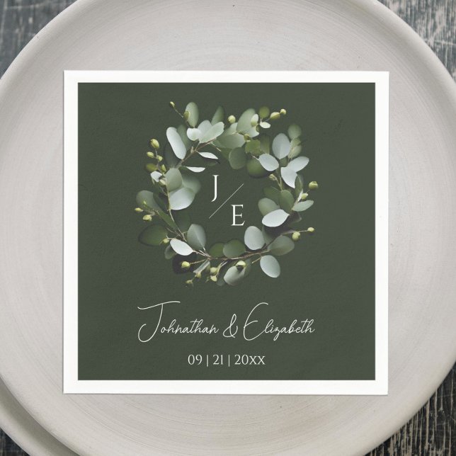 Modern Monogram Eucalyptus Wreath Dark Green Napkin (Dark Green Modern Monogram Eucalyptus Wreath Wedding Napkin)
