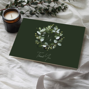 Modern Monogram Eucalyptus Wreath   Dark Green Thank You Card