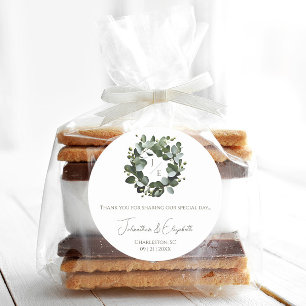 Modern Monogram Eucalyptus Wreath Favour White Classic Round Sticker